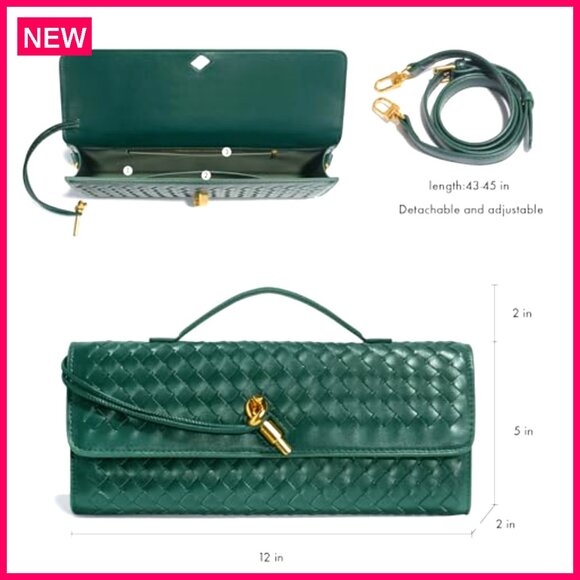 Woven Leather Evening Bag with Adjustable Strap, Formal Clutch Shoulder Purse